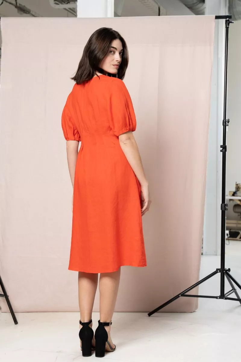 Robe taille marquée plissée SOPHIE en Lin - Orange